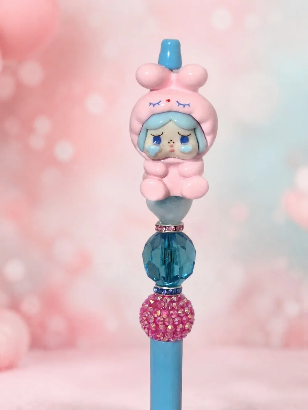 Cry-Baby Bunny Girl (Pink and Blue) Handmade Beaded Pen